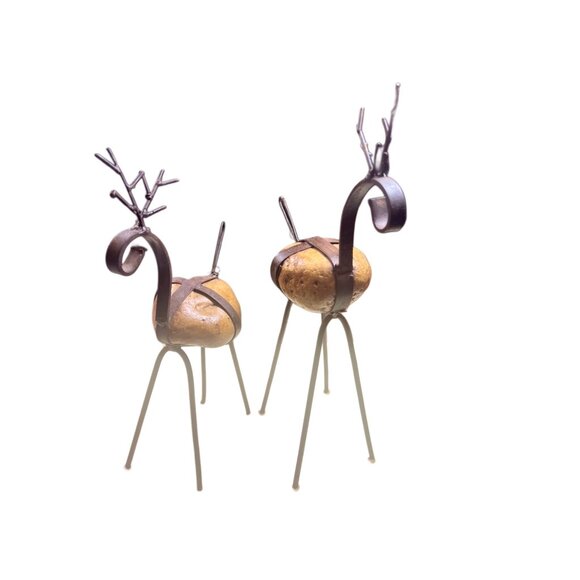 Handcrafted Metal & Stone Reindeer Figurines Christmas Decor - Picture 2 of 7